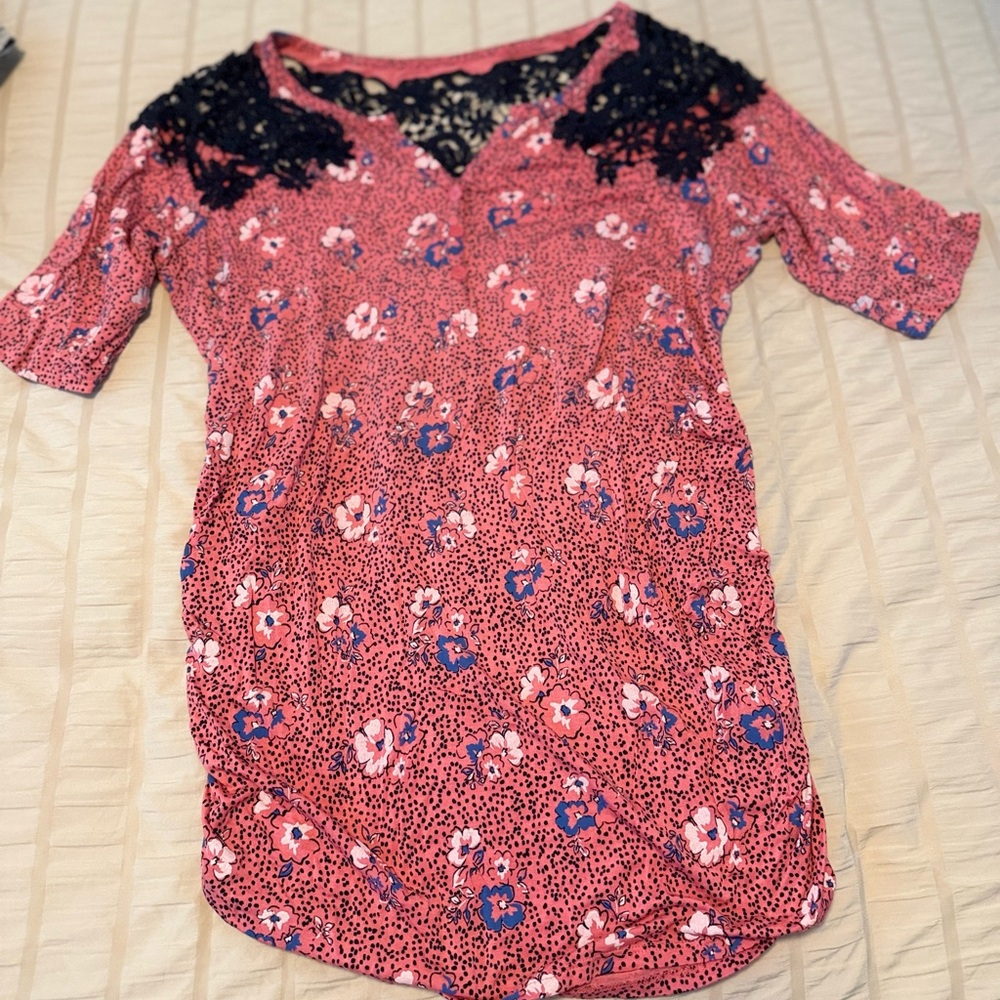 Motherhood Pink Floral Blouse with Navy Lace